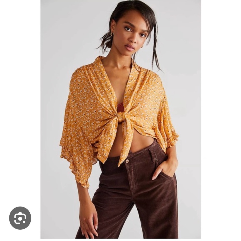 Free People Mustard Floral Tie-Front Top